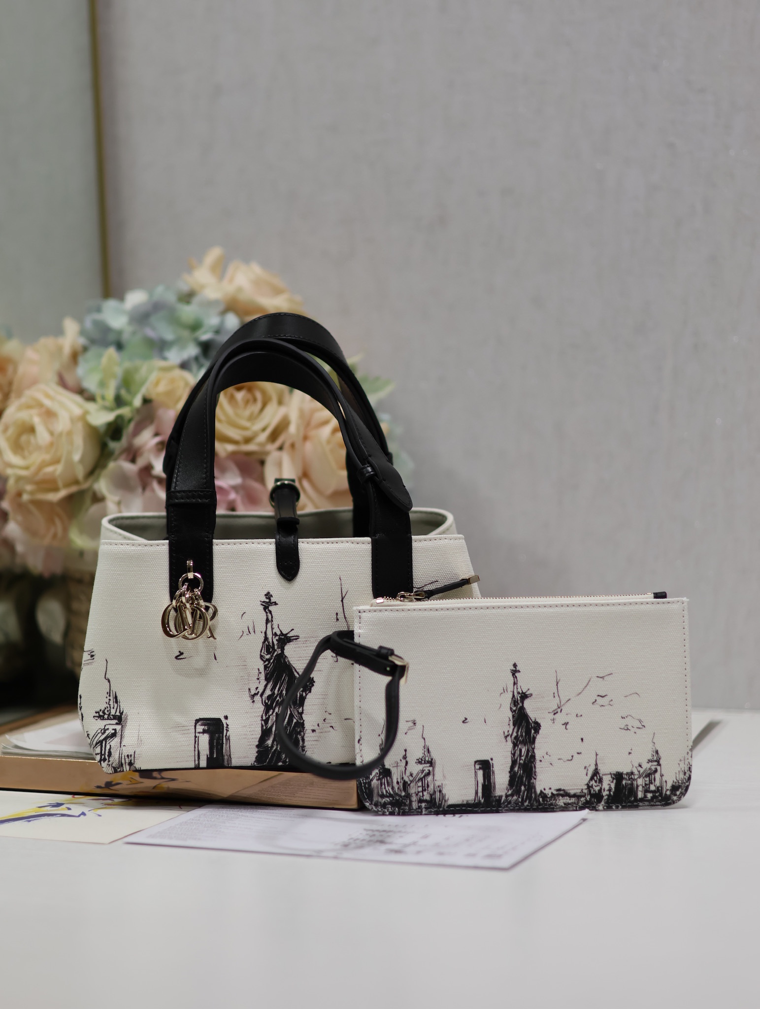 Small Dior Toujours Bag Latte and Black Canvas with New York Print